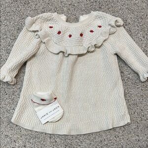 Janie and Jack Cream Knit Dress with Red Cherry Accents